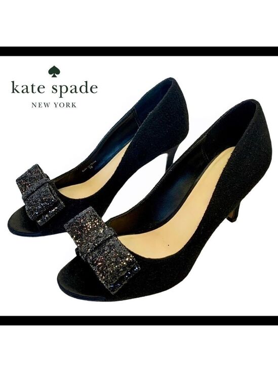 kate spade Shoes - Kate Spade black glitter bow peep toe heels size 7